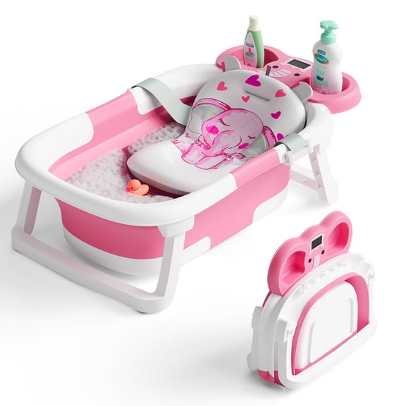Aprpink Foldable Baby Bathtub Elephant PP TPE with Soft Cushion&Thermometer for 0-36 Months Toddler Gray