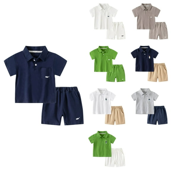 Ahuyic Kids Summer Casual Outfits,Unisex Toddler Short Sleeve Two-Piece Set,Summer Fashion Boys' Casual Turndown Collared Botton Solid Color Short-Sleeved Top And Shorts Sets