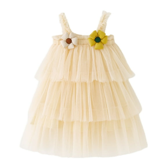 FAOWME Toddler Girls Sleeveless Floral Holiday Party Tiered Dress Dance Party Dresses Sundress Beige 3-4 Years