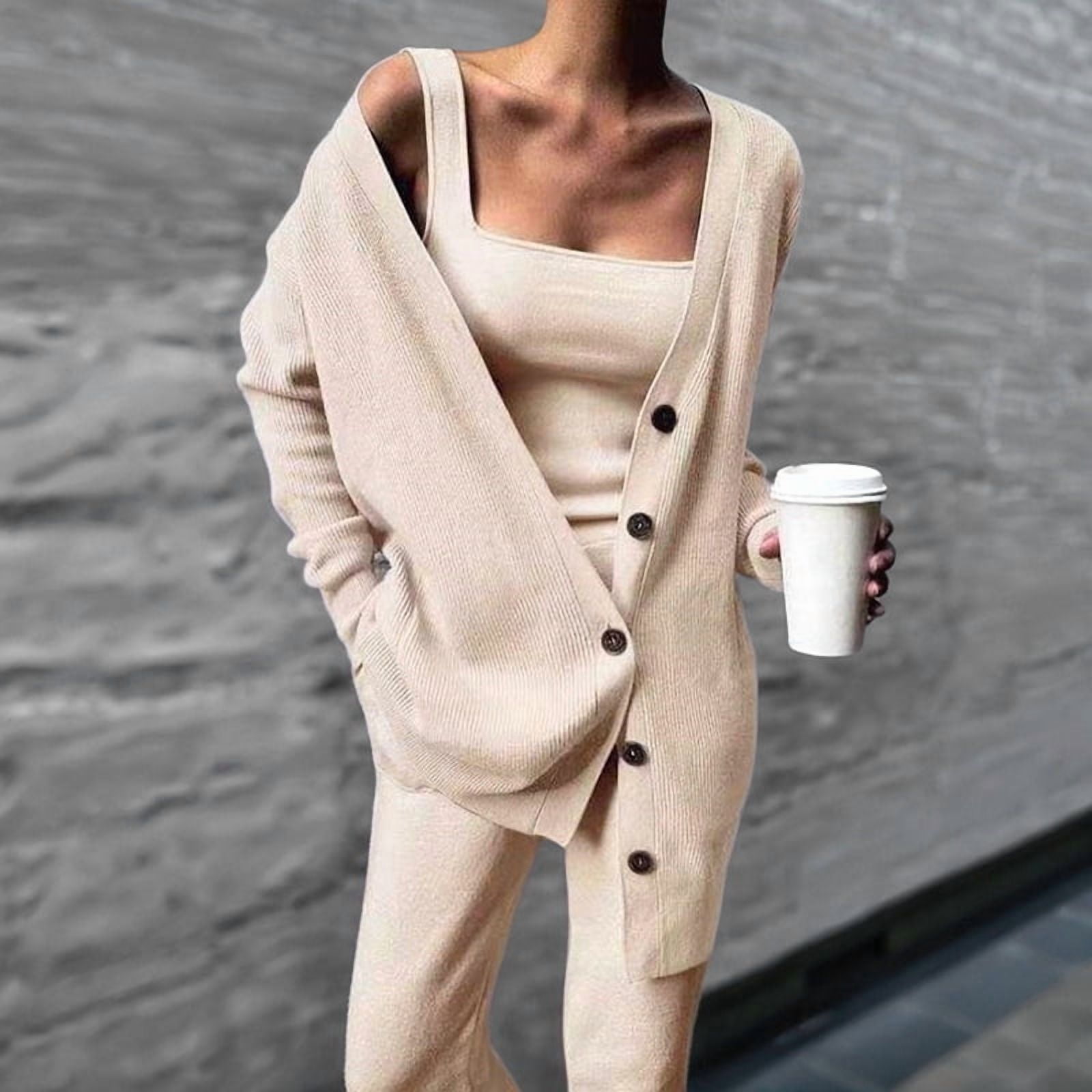 Women'S 3 Piece Knit Lounge Set Long Sleeve Cardigan Sleeveless