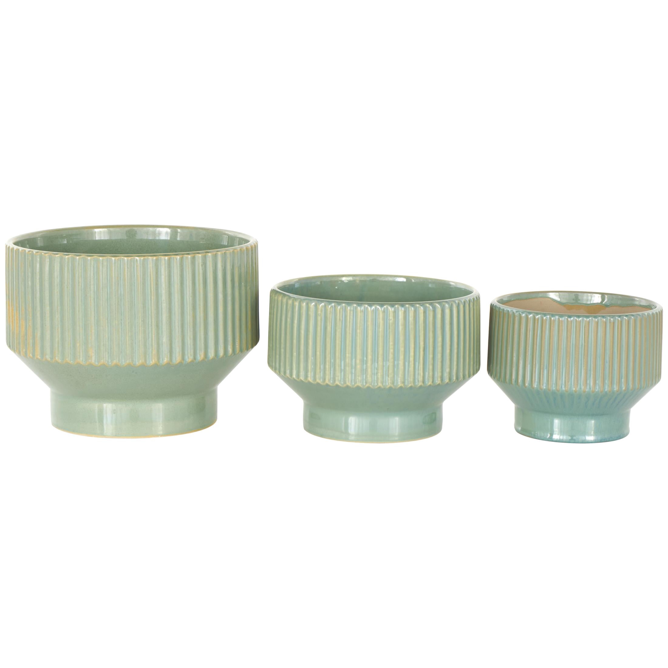 DecMode 10", 8" and 7"W Wide Green Ceramic Planter with Linear Grooves and Tapered Bases (3 Count)