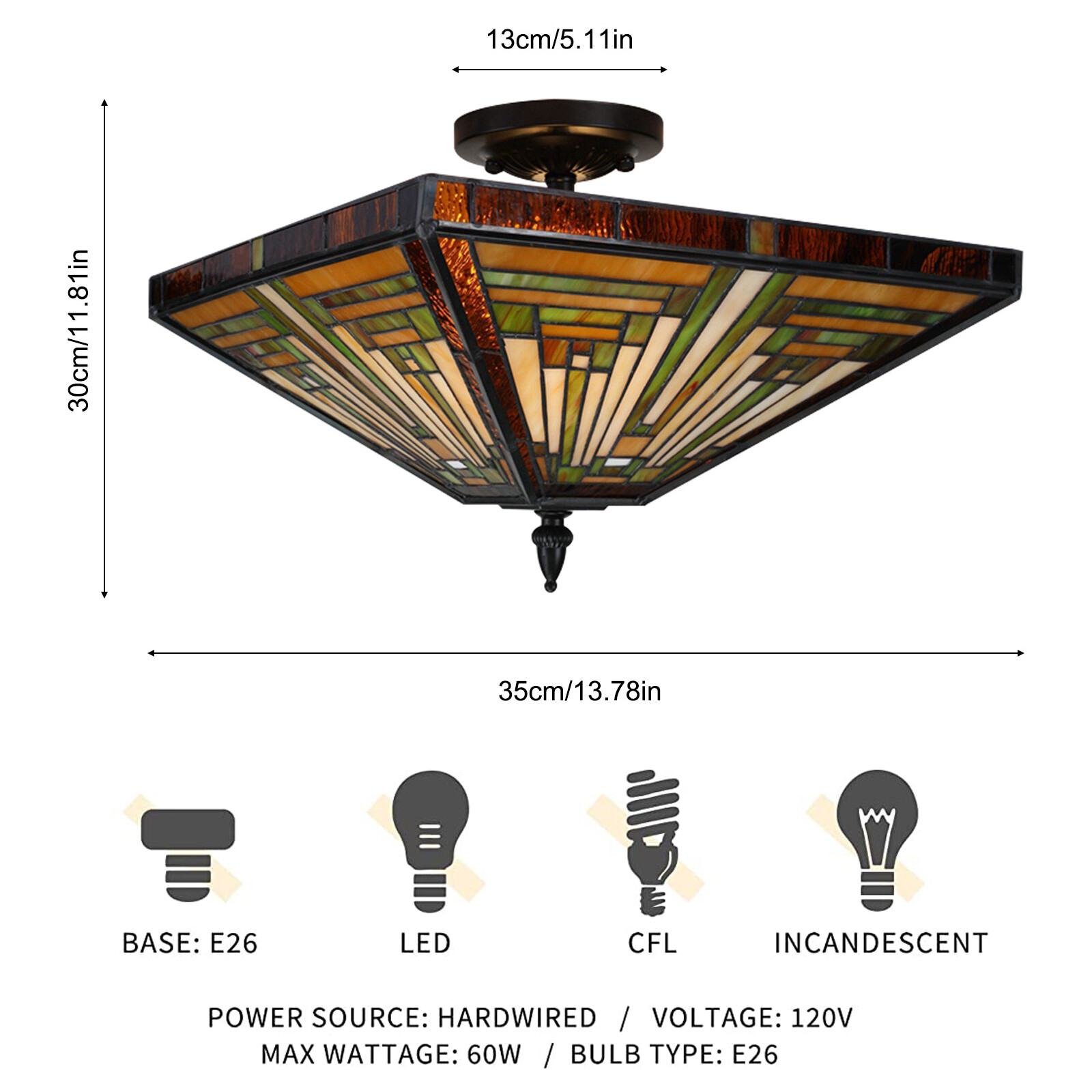2-Light Geometric Retro Ceiling Light Fixture Stained Glass Ceiling Lamp Indoor for Bedrooms Study Rooms Dining Rooms Kitchens