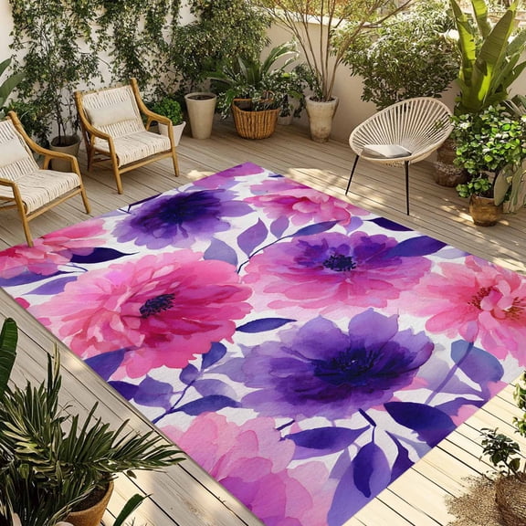 Watercolor Floral Outdoor Rug for Patio/Deck/Porch, Non-Slip Large Area Rug 3 x 5 Ft, Spring Flowers Botanical Vintage Indoor Outdoor Rugs Washable Area Rugs, Reversible Camping Rug Carpet Runner