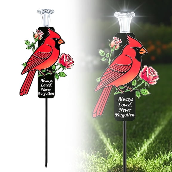 Solar Cardinal Memorial Stake with LED Light, Metal Cemetery Decoration, Sympathy Outdoor Grave Marker for Loss of Loved Ones