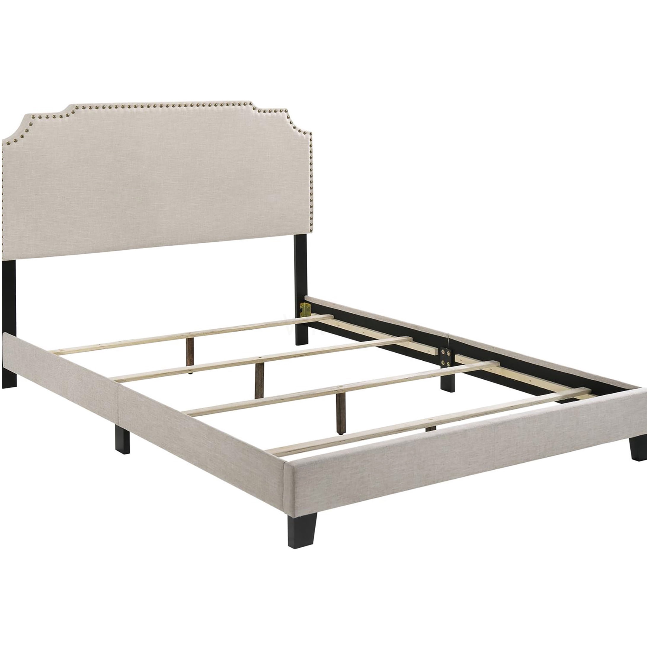 Queen Upholstered Bed Frame with Beige Fabric Headboard and Nailhead Trim for Modern Bedroom