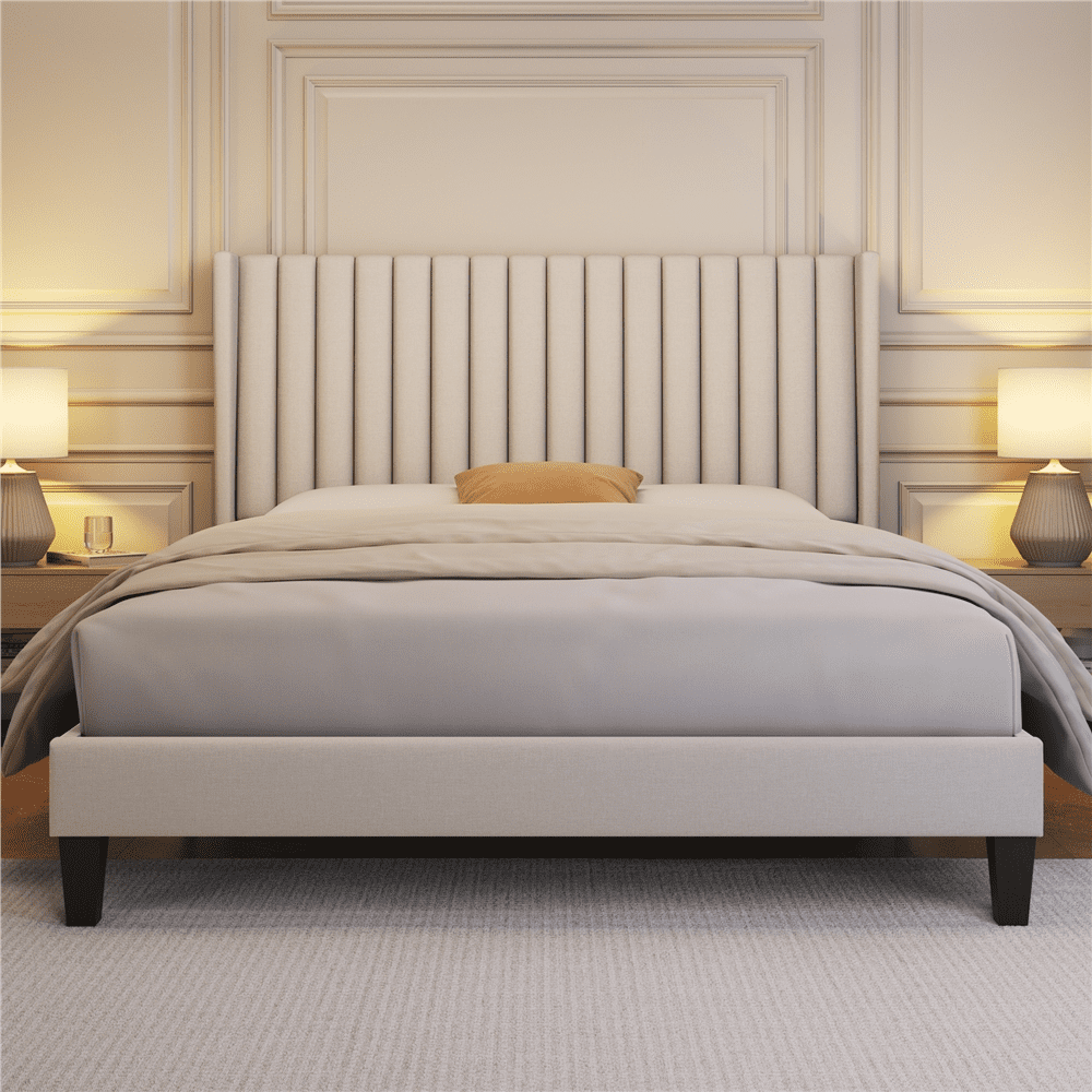 Renwick Upholstered Platform Queen Bed with Wing Side, Adult, Ivory