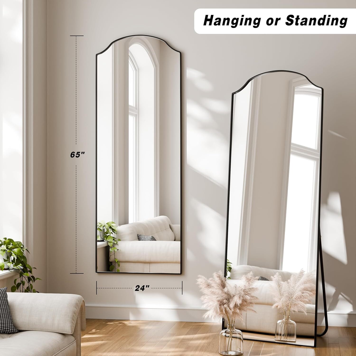 Lumora 24"x65" Arched Full Length Dressing Mirror Floor Standing Mirror Wall Mounted, Black