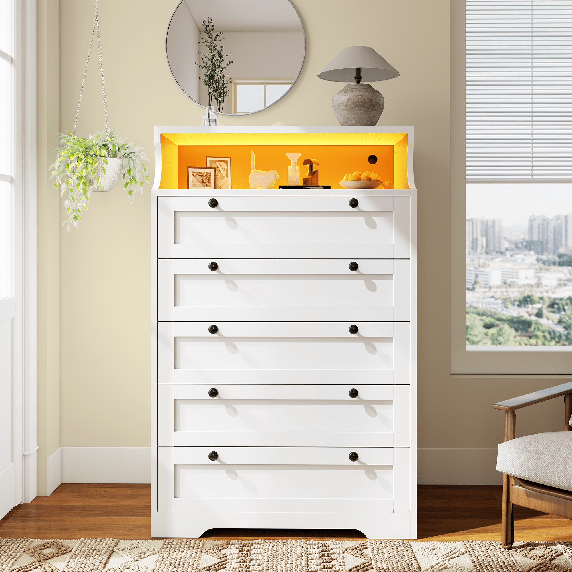 White Dresser for Bedroom with 5 Drawers,Modern Chest of Drawers with LED Lights and 2 Shelves for Living Room,Hallway