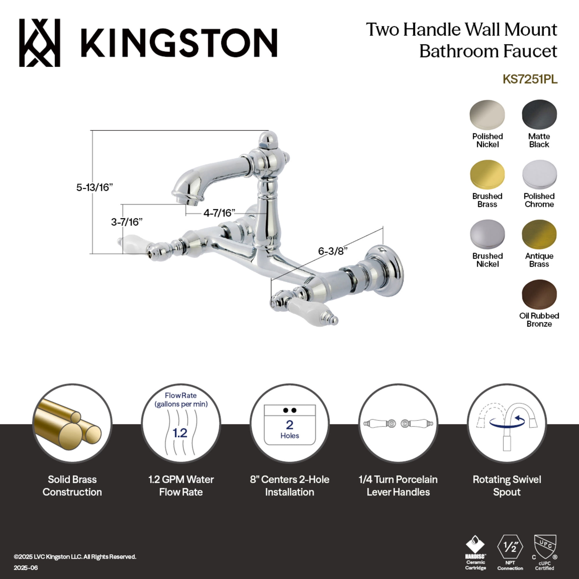Kingston Brass KS7256PL English Country Double-Handle 2-Hole Wall Mount Bathroom Faucet in Polished Nickel