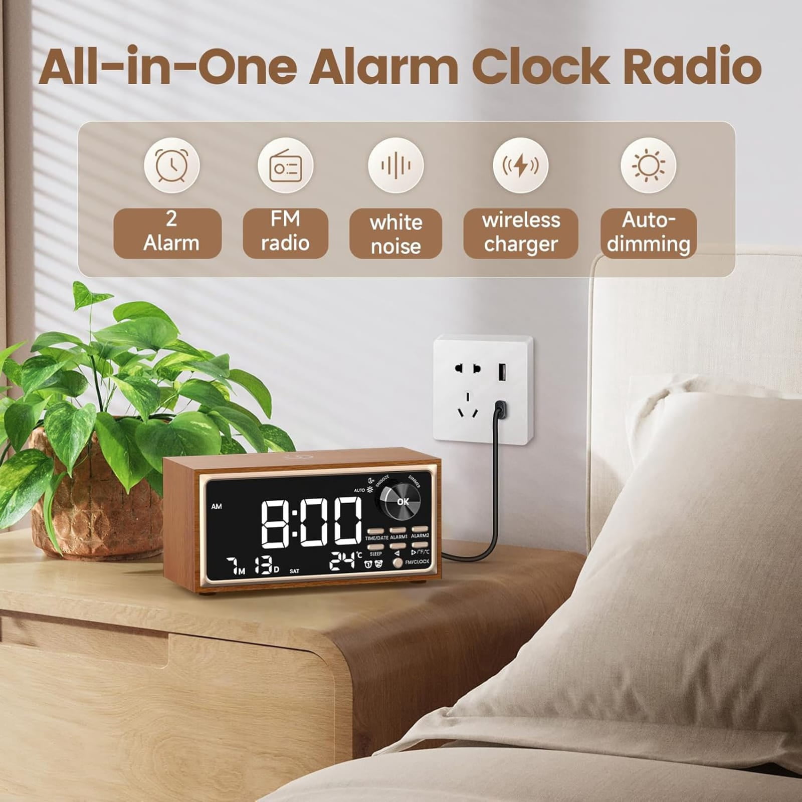 ZHENYEMEI Digital LED Alarm Clock, Vintage Alarm Clock Radio with Fast Wireless Charging, White Noise Sound, Dual Alarms, Temperature display, Dimmer Control,Auto-Dimming, Retro Clock for Bedroom