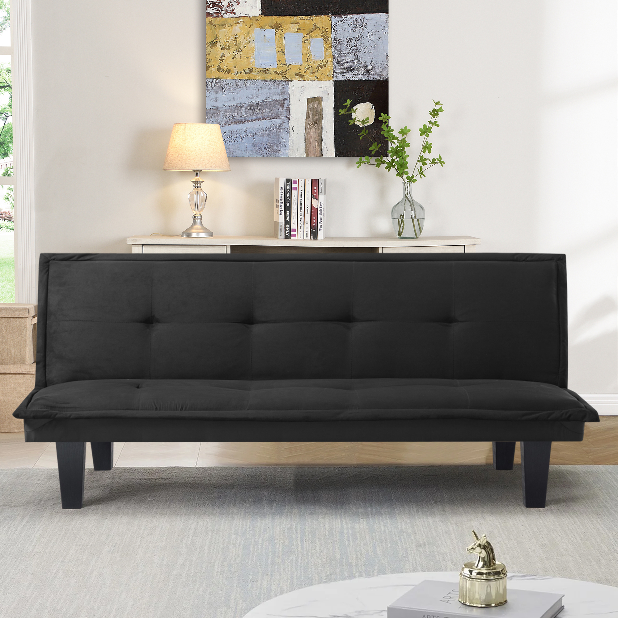 Leumius Black Futon Sofa Bed,Modern Faux Suede Convertible Sofa Bed with 3 Adjustable Backrest Angles,Loveseat Sleeper Couch for Living Room Apartment Furniture