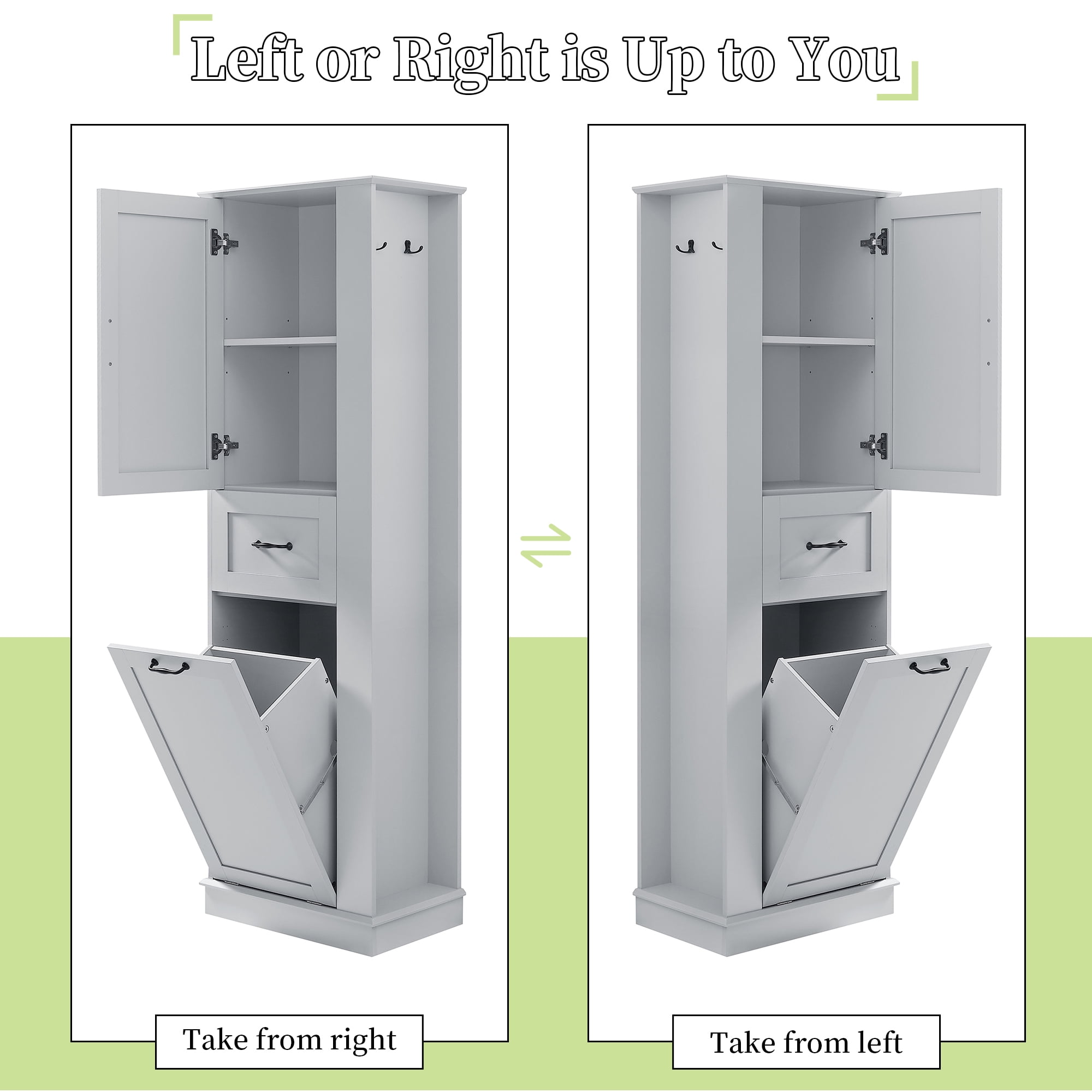 Euroco Tall Bathroom Storage Cabinet with Tilt-Out Hamper, Adjustable Shelves, Soft-Close Hinges, Side Hooks, Modern Slim Linen Tower Organizer