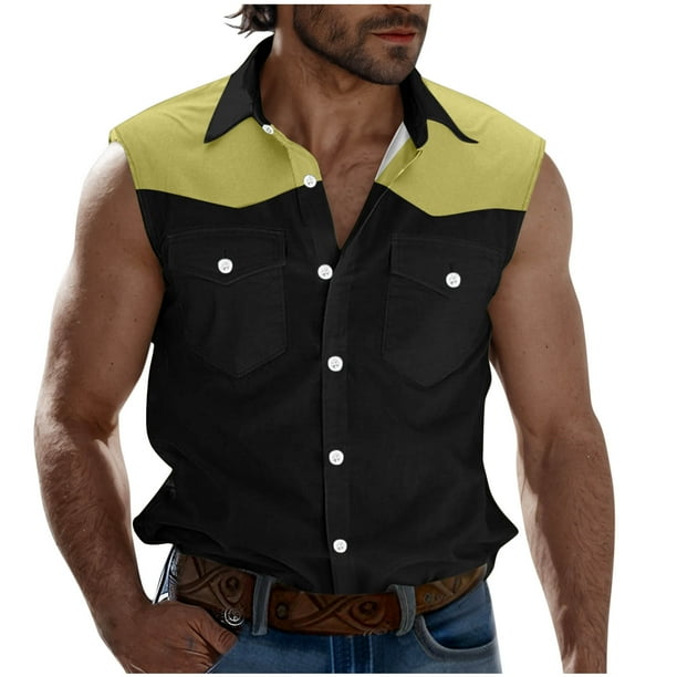 Camisas de Cuello para Hombres Moda Casual Patchwork Turndown Bolsillos sin Mangas Tanque Deportivo, Poliéster