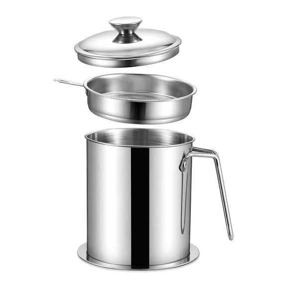 Bacon Grease Container – 1.3L 304 Stainless Steel Oil Jug with Filter Screen, Dust Cover & Removable Coaster Tray for Frying Oil & Cooking Grease