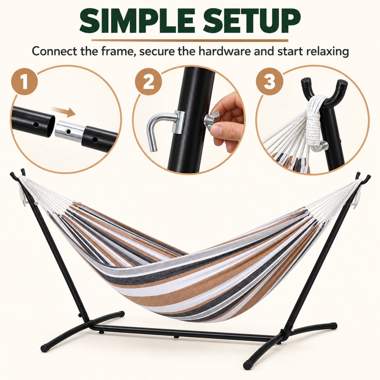 Inolait Portable Double Hammock with Stand, 2-Person Outdoor Hammock with Carrying Bag Stripe Pattern