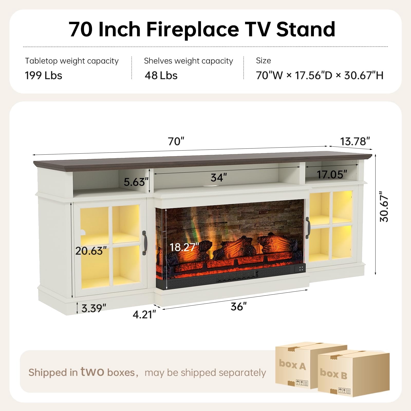 Sonegra 36 Inch Fireplace TV Stand with LED Light, Entertainment Center with 3-Sided Glass Fireplace for TVs up to 80", TV Console, White