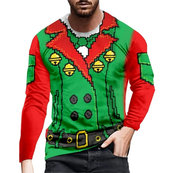 Mens Christmas Polo T-Shirt Long Sleeve Round Neck Christmas Special Print Mens Festivel Clothing,Green,2XL