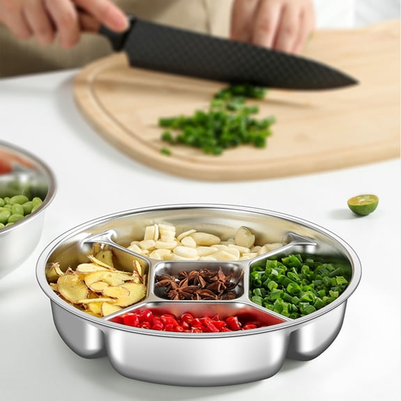 304 Stainless Steel Divided 5-Compartment Serving Tray | Food-Grade Round Meal Prep Platter | Rust-Resistant Dishwasher-Safe Side Dish Organizer
