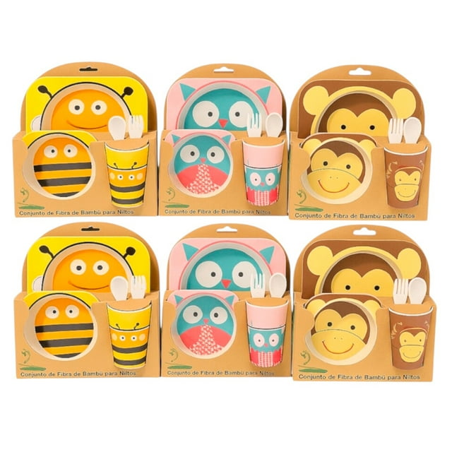 Domore set 6 vajillas infantiles bambu 5 juegos platos vasos animales niños