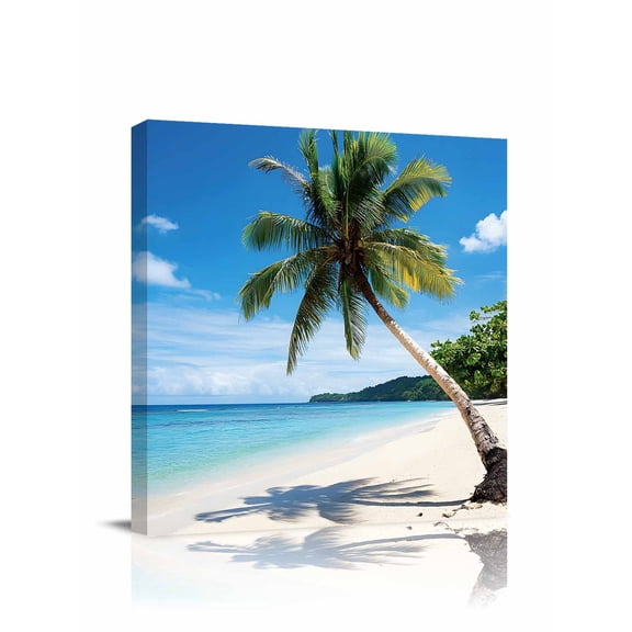 Beach Palm Tree Canvas Wall Art, Summer Ocean Blue Sky Tropical Island Framed Wall Decor Modern Artwork Prints Painting for Living Room, Bedroom, Kitchen & Cafe Decor 16x16 Inch