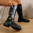 thumbnail image 2 of Lovzfmll Knee High Boots Women, Boots Round Toe Side Zipper Low Heel, Chunky Mid Heel Buckle Leather Motorcycle Boots Casual Black Boots, 2 of 9