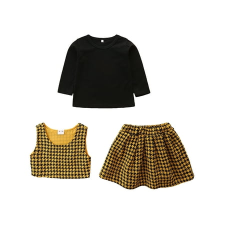 

Sunisery 3PCS Christmas Toddler Infant Baby Girls Kids O-Neck Long Sleeve Tops Waistcoat Short Skirt Sets Yellow 3-4 Years