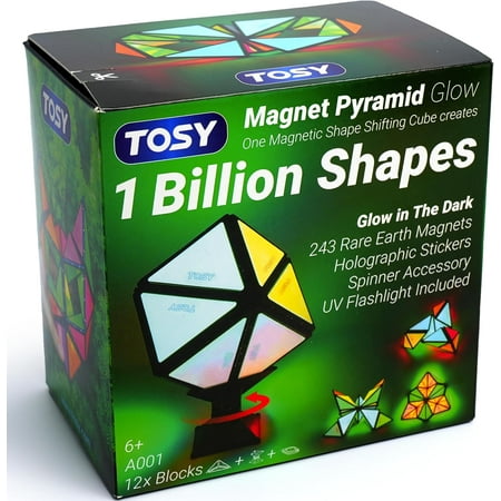 Magnet Pyramid Glow - 1 Cube Transforms into 1 Billion Shapes, 12 Pieces, 243 Rare Earth Magnets, Glowing, Holographic Design Magnet Tiles Creative Puzzle STEM/STEAM Toy