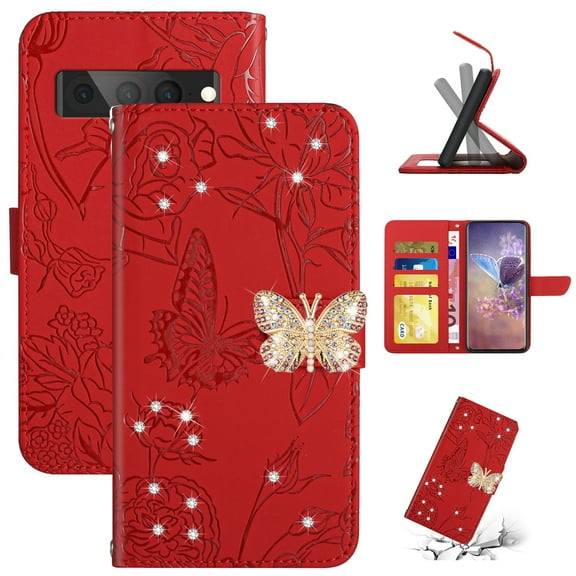 SaniMore Case for Google Pixel 8 Pro 6.7" 2023, [Crossbody/Wrist Lanyard] PU Leather Embossed Butterfly [Diamond Clasp] Card Slots Kickstand Shockproof Glitter Wallet Shell, Red