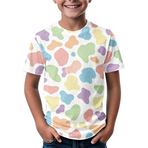 Coerni Kids Cow Print Shirt Boys & Girls Breathable Crewneck Short Sleeve Tees Colorful Cow Print Tops Casual Versatile Summer Outfit