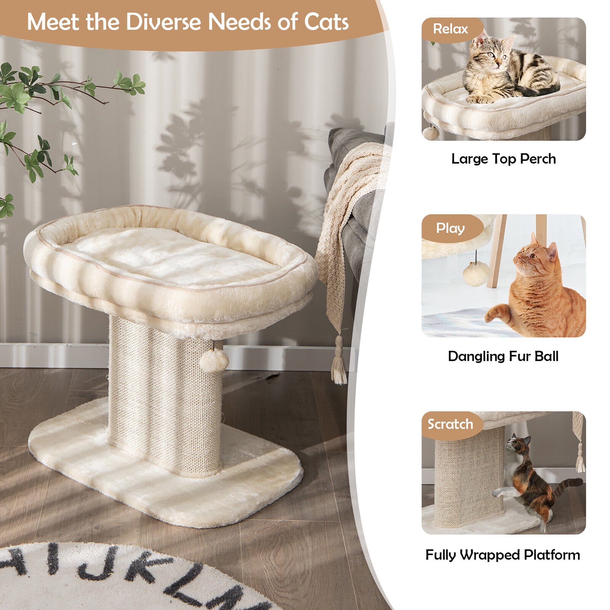 Gymax Modern Cat Tree Tower Cat Activity Tower w/ Large Plush Perch Beige