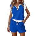 thumbnail image 2 of Womens Shorts Sets for Causal Summer Two Piece Tracksuit Lounge Wear Sets Crew Neck Shirt and Beach Shorts with Pockets Gym Airport Yoga Outfit Blue S, 2 of 7