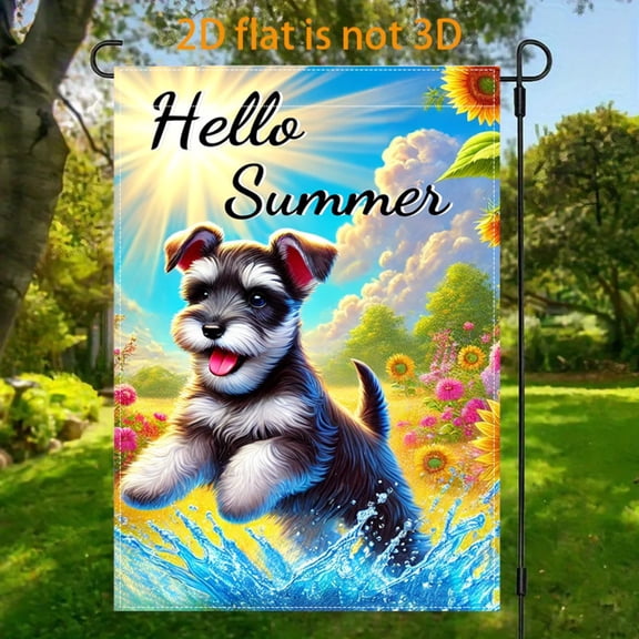 Garden Flag Summer Schnauzer Water Play Garden Flag, 12x18 inches, double-sided 2D design, fresh and energetic pet vacation style garden flag, perfect for summer outdoor welcome decoration, suitable