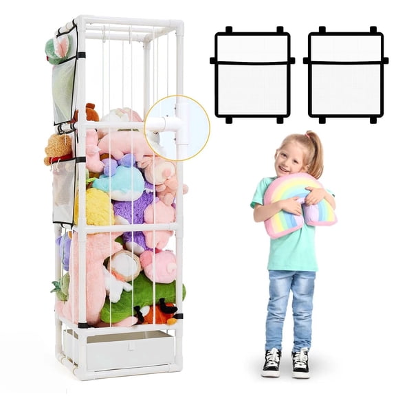Stuffed Animal Storage Organizer Pre-Assemble PVC Toy Storage,Stuffy Plushies Storage with Elastic Band and Mesh Bottom and Bottom Storage Bin,Toy Storage Organizers for Playroom Bedroom Nursery
