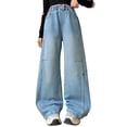 thumbnail image 2 of HUANBAI Loose Wide Leg Pants For Girls Straight Cut Denim Trousers With Patchwork Design Casual Comfortable Kids Bottoms Girl's Lightweight Pants 5-6 Years, 2 of 6