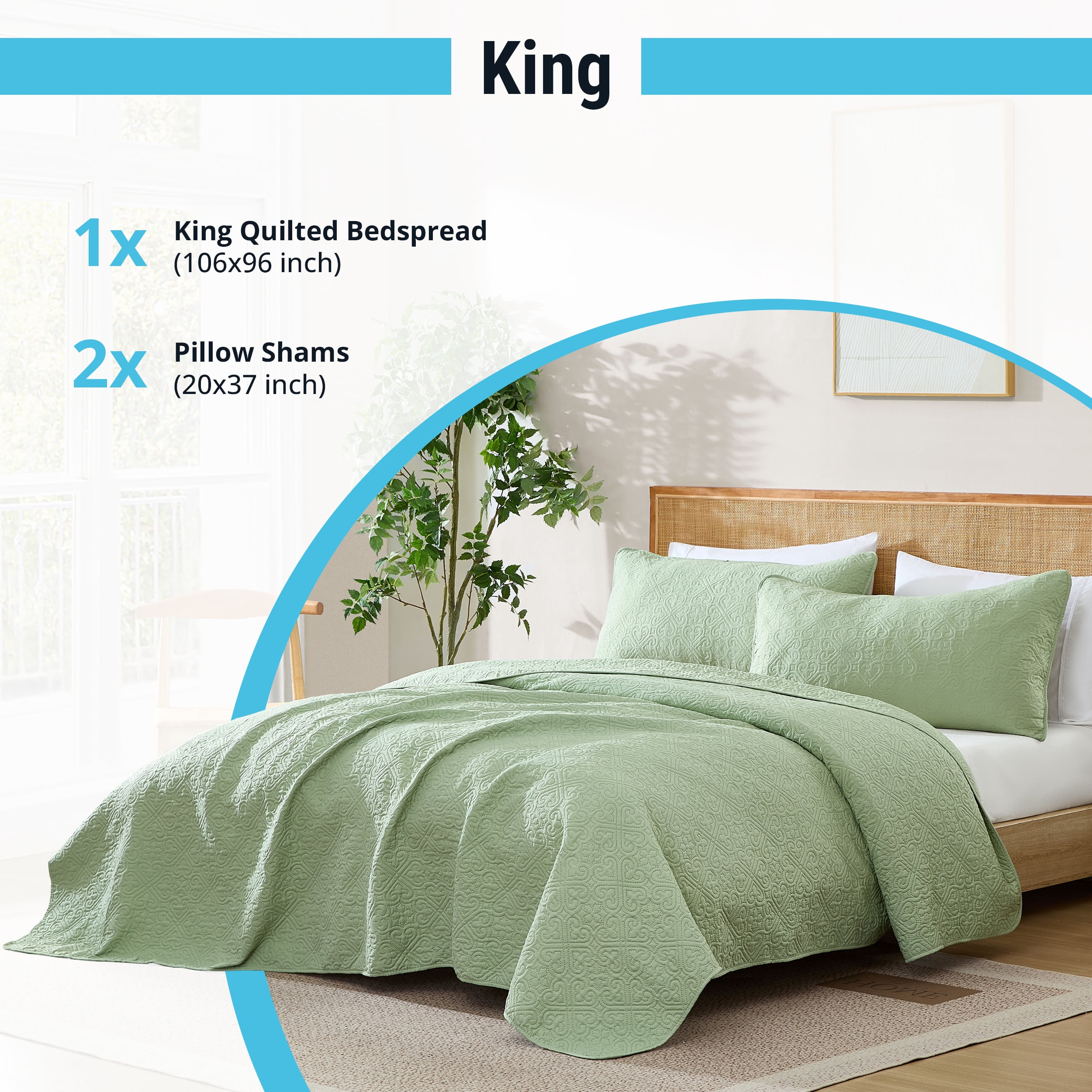 THD Loren - 3 Piece King Size Quilt Set, Lightweight King Bedspread Coverlet Set (King, Sage Green)