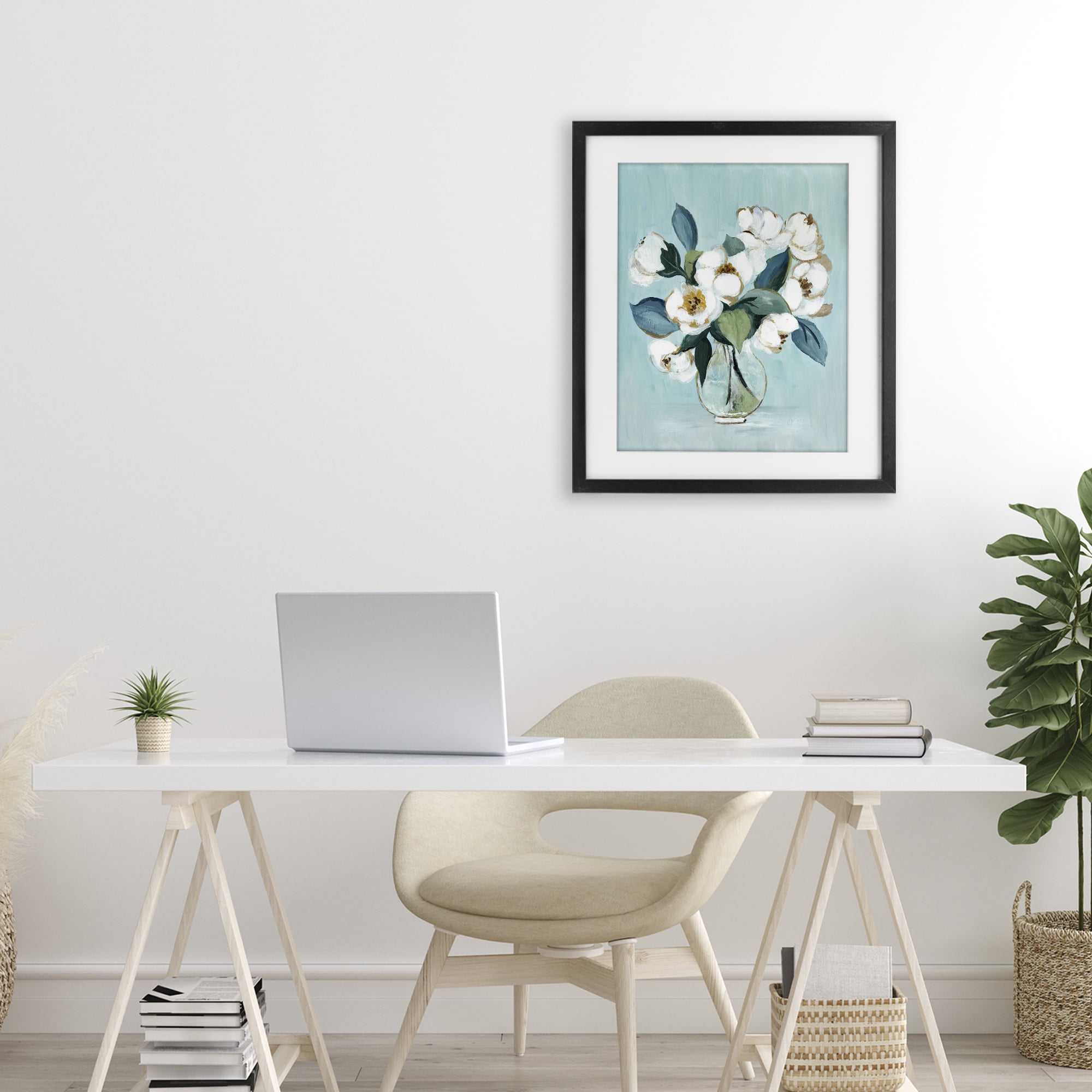 Stupell Industries Magnolia Arrangement over Blue Black Framed Print Under Glass, design by Janet Tava