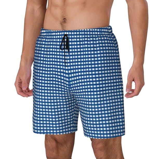 Balery Blue Gingham Bañador para hombre, shorts de playa de secado rápido con entrepierna y forro de compresión-XX-Large