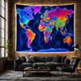 thumbnail image 6 of Neon World Map Against Dark Blue Ocean, Energetic Psychedelic for Global Decor Enthusiasts, Electric Geographic Wall Art, Housewarming Gift Tapestry Wall Hanging for Living Room and Bedroom, 6 of 7