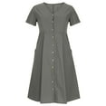 thumbnail image 4 of SnnmBlm Women's Casual V Neck Button Down Cotton Linen Dress Short Sleeve Midi Length Loose Summer Dresses Gray 5XL, 4 of 6