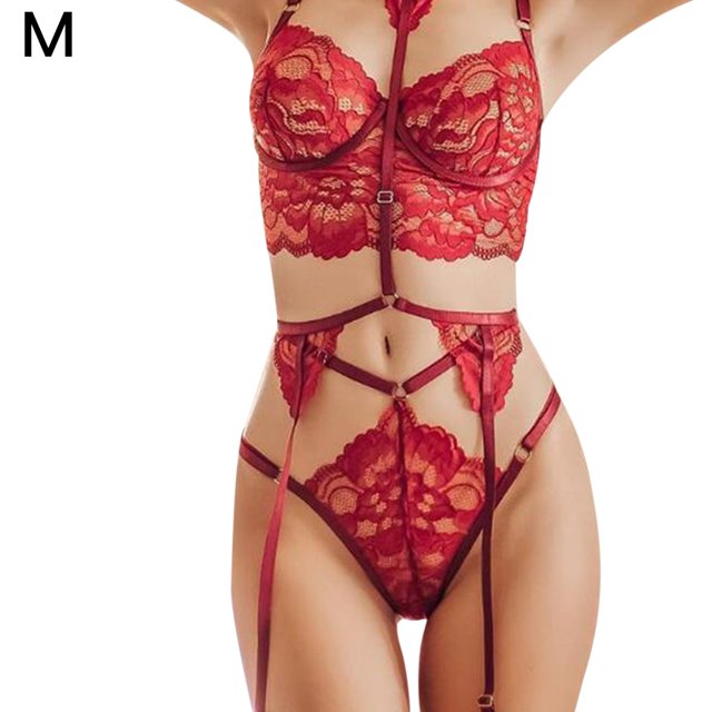 Conjunto de lencería de encaje sexy para mujer Liguero Sujetador Panty Bralette Ropa interior, Rojo, M Inevent XX000166-05