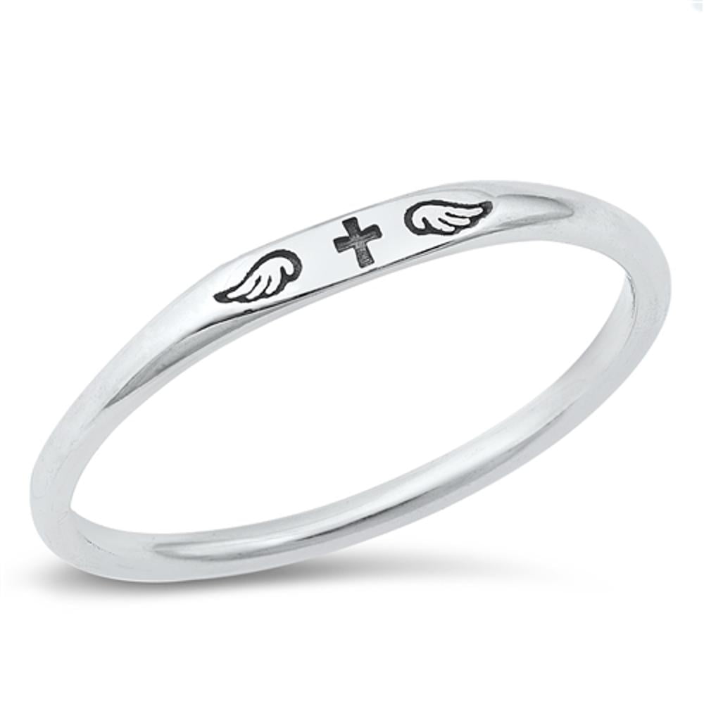 Heart Cross Dainty Ring - High Polish .925 Sterling Silver Simple Band, Sizes 5-9