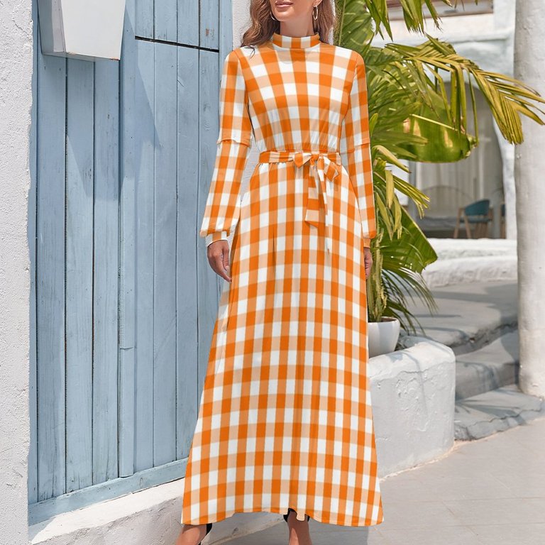 Classic Pumpkin Orange and White Gingham Check Pattern Long Dress birthday dress dress for woman bandage - Walmart.com Classic Pumpkin Orange and White Gingham Check Pattern Long Dress birthday dress dress for woman bandage - Walmart.com