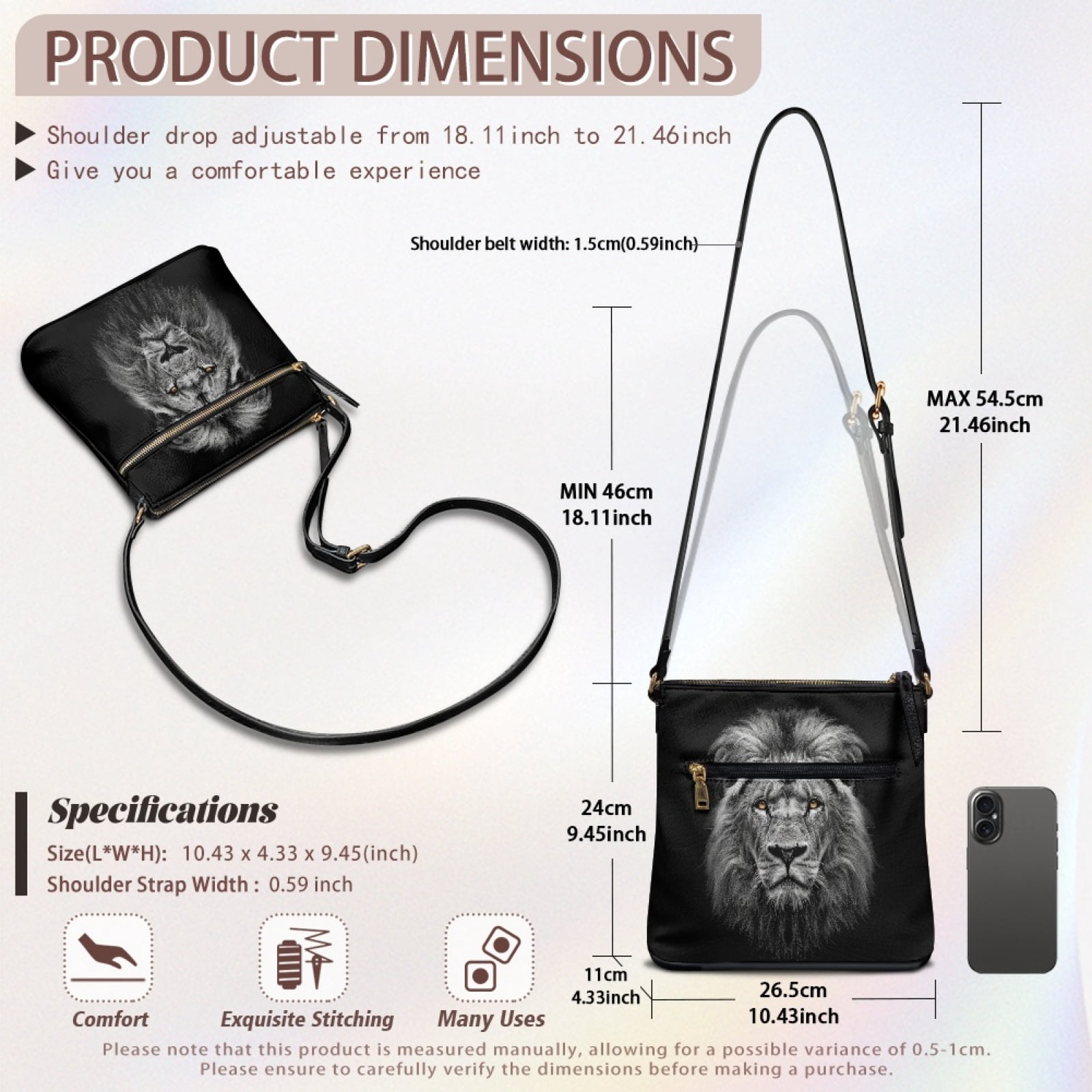LedBack Lion Print Women's Crossbody Bag Leather Shoulder Handbag Sling Hobo Bag Multi Pocket Satchel Purse with Adjustable Shoulder Strap, Black
