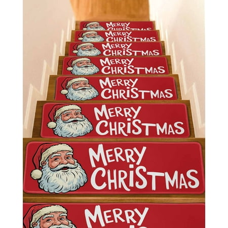 Merry Christmas Stair Treads for Wooden Steps Indoor Runner Rug Carpet Jolly Santa Claus Vintage Red 15 Pieces Peel and Stick Staircase Step Treads Covers Washable Throw Door Mats 30 x8
