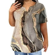 Huresd Women Plus Size Tops Casual Shirt for Work Office Work Shirts Marble Print Women's Summer Round Neck Blouses Brown 5XL