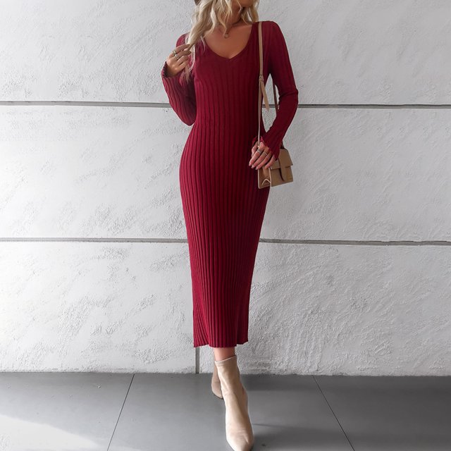 Vestido ajustado con cuello en V Color sólido Mujer Estilo elegante Traje diario Ygjytge Vino rojo T XL para Mujer