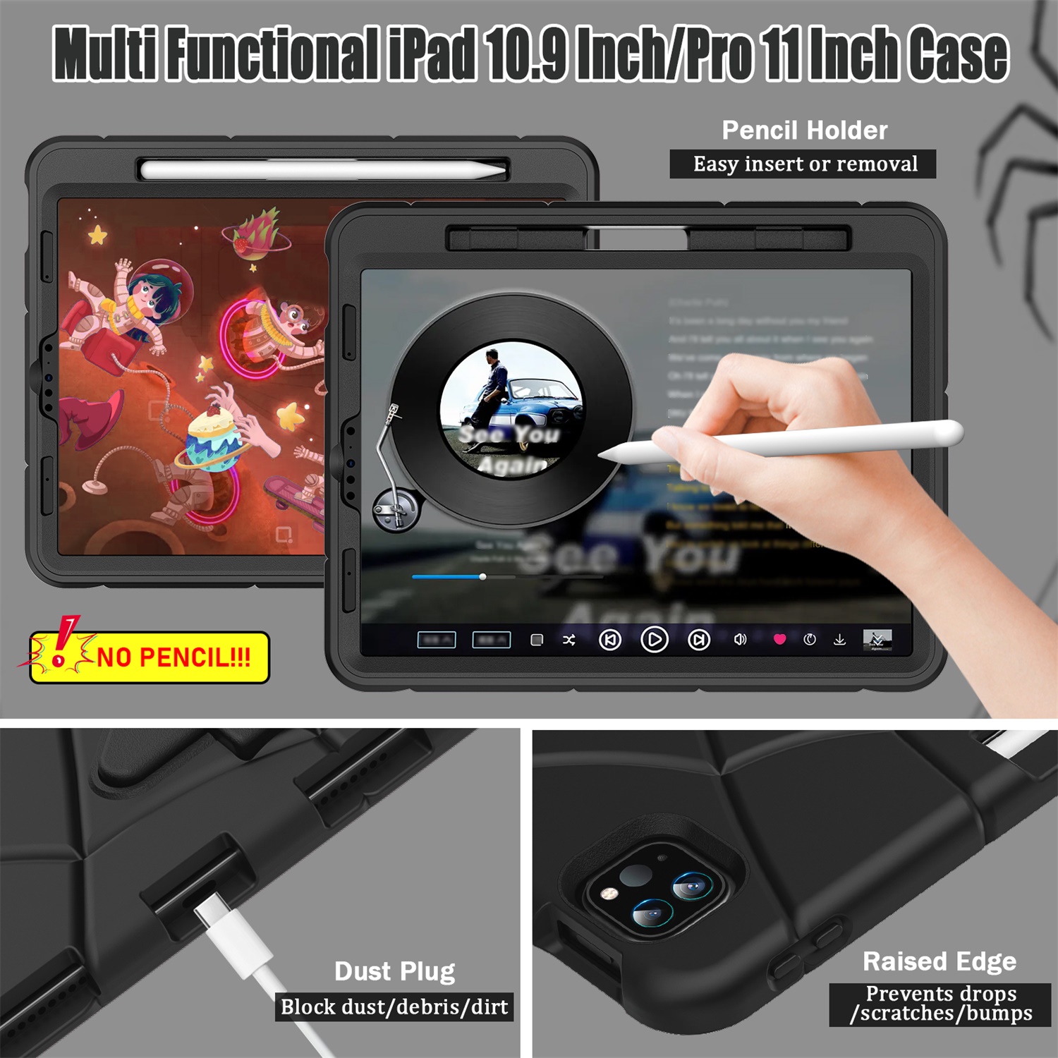 Kids Case for iPad 9th/8th/7th Generation with Pencil Holder, Lightweight Shockproof Stand Anti-Slip Rugged Silicone PC Case Cover for iPad 10.2" 2021/2020/2019 for Boys Girls, Black