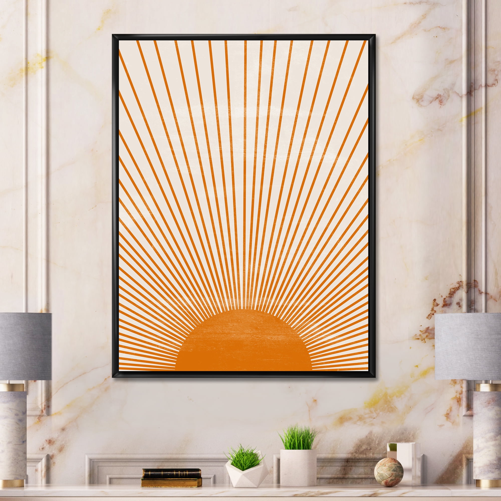 Designart 'Orange Sun Print On Beige III' Modern Framed Canvas Wall Art Print
