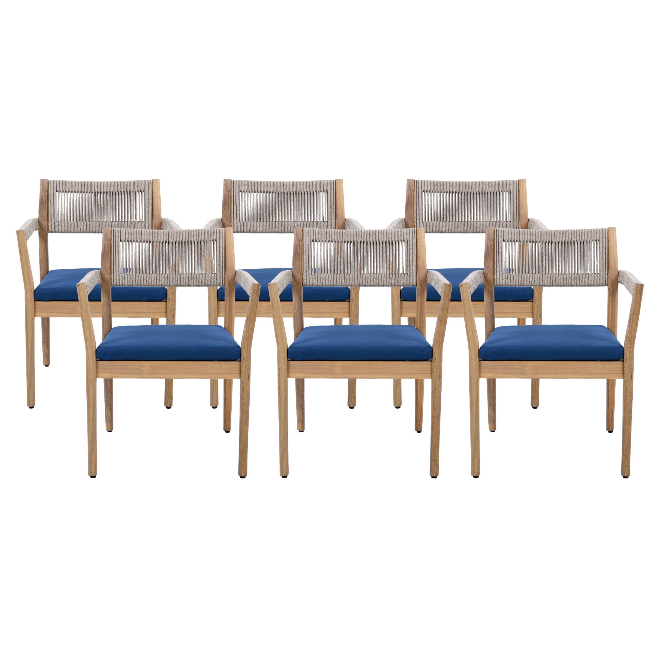 Christopher Knight Home Wood Outdoor Dining Chair with Cushion, Woven Rope Design, Teak+Navy, Set of 6