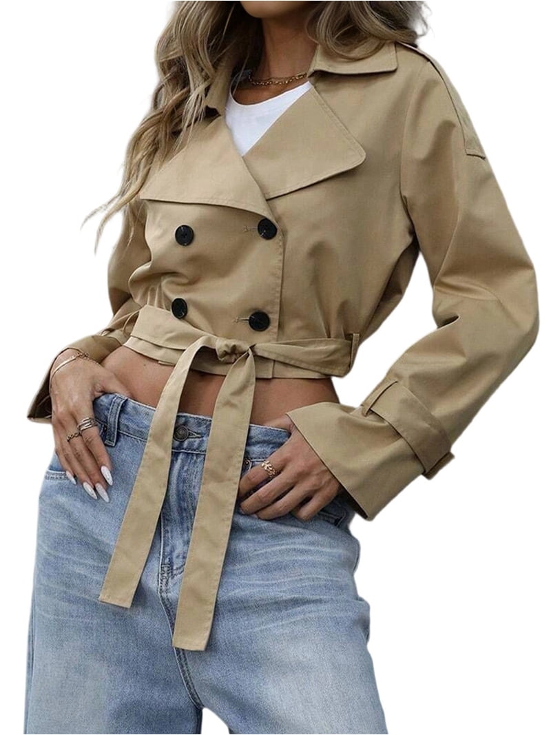 Womens Cropped Trench Coat Lapel Double Breasted Short Jacket